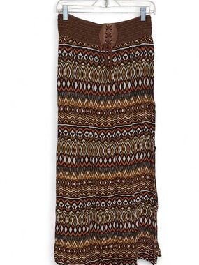 Beautiful Vintage  Poetry Boho Tribal Print Midi Skirt Brown Lace-Up